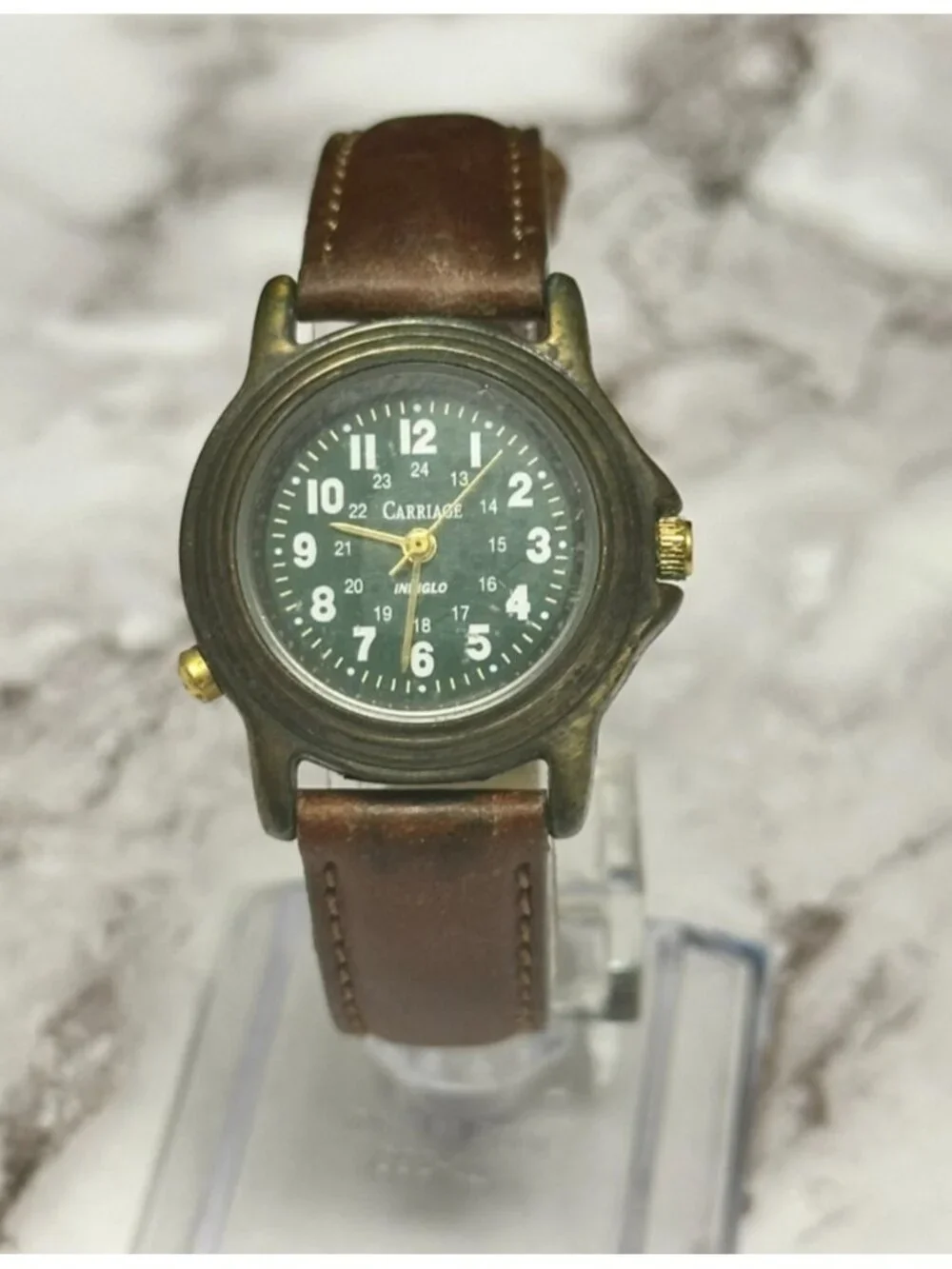 Vtg. Carriage Watch Women Bronze Tone Green Indiglo Dial Leather New Battery 8